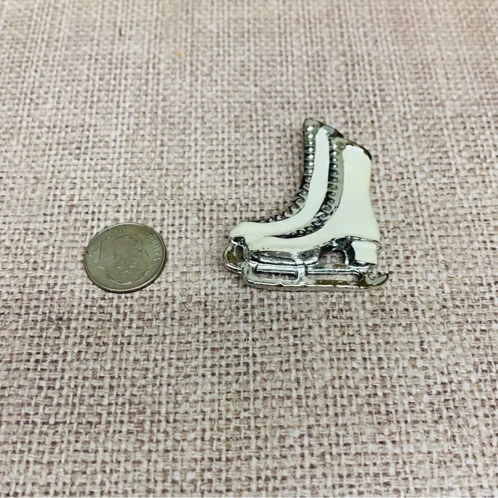 Silver White Enamel Ice Skate Brooch